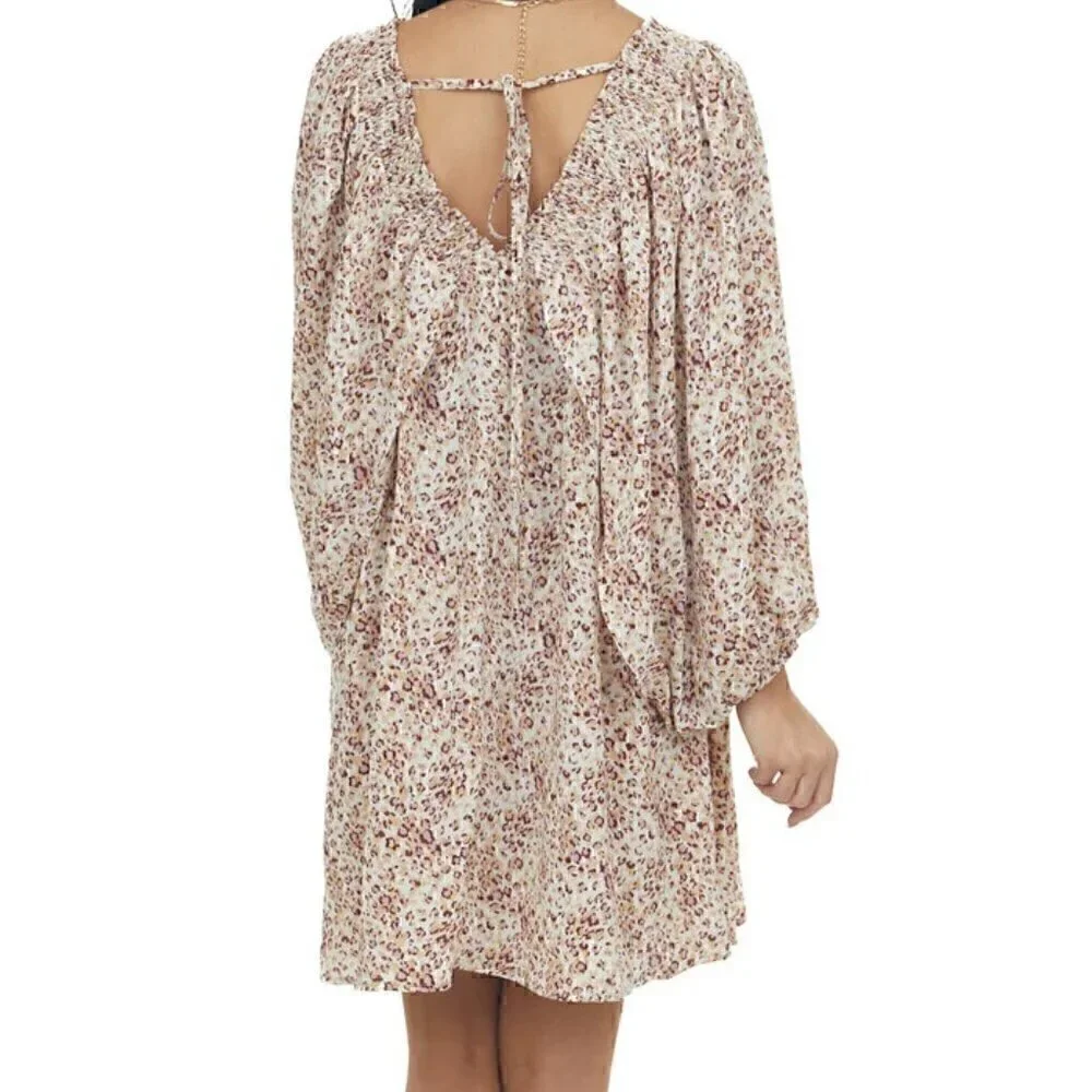 Jodifl Leopard Print Off Shoulder Smocked Balloon Sleeve Mini Dress Boho Size M - Picture 2 of 15